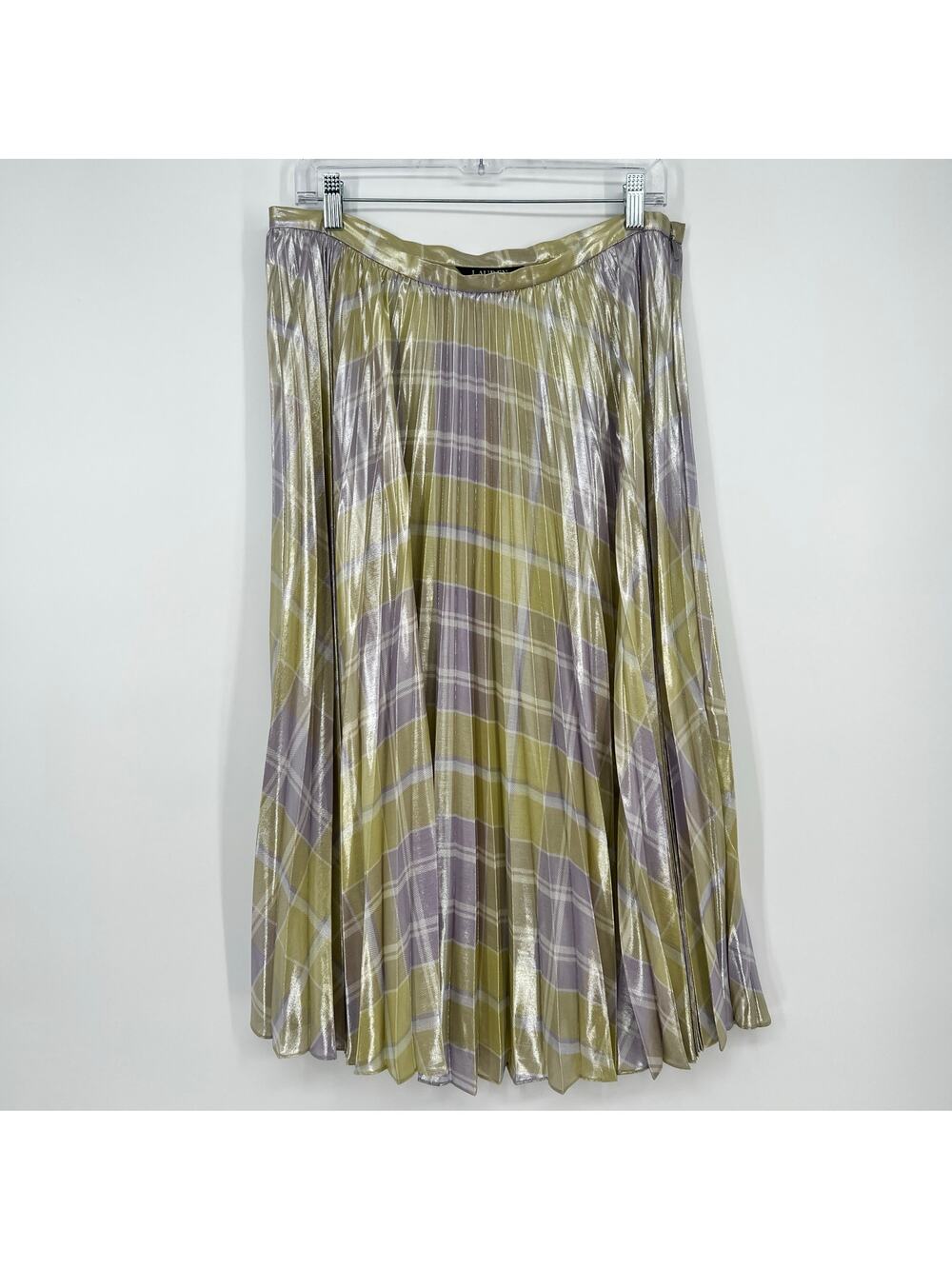 Lauren Ralph Lauren Checked Plaid Pleated Georgette Skirt 12 Green Metallic NEW